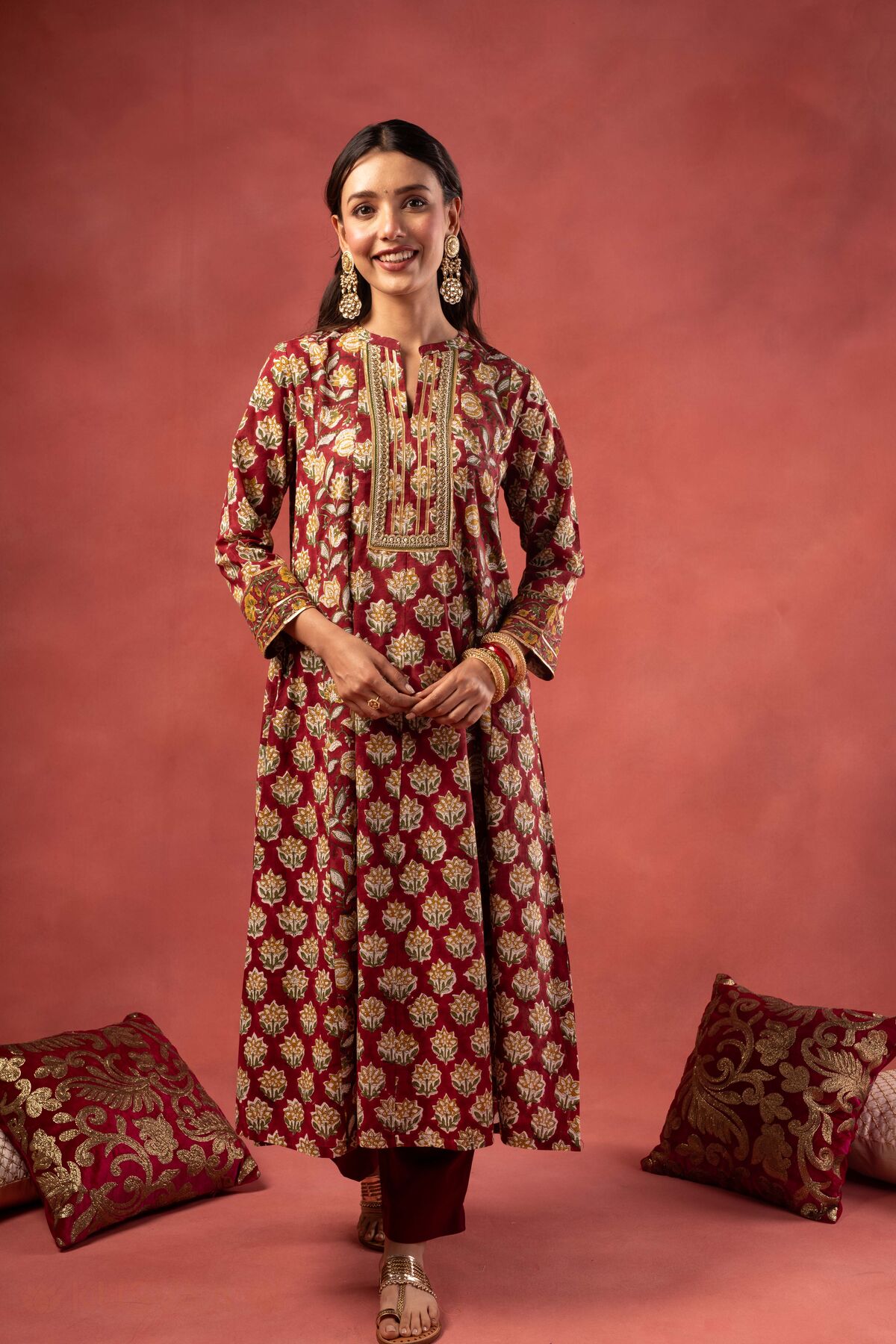 Image for Kusvaa Wkr371 Bhadra Handblock Cotton A Line Kurta Front