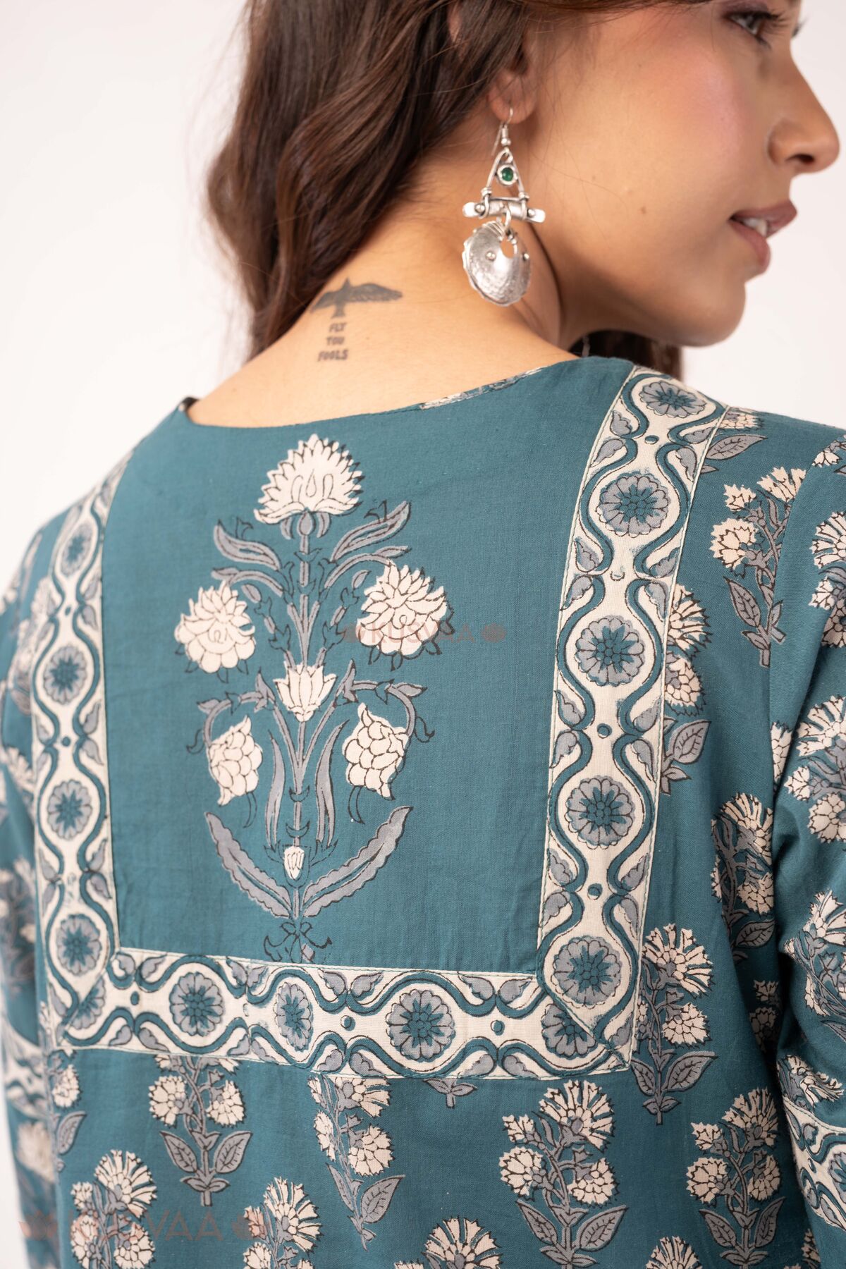 Image for Kusvaa Wkr374 Eshika Handblock Cotton Straight Fit Kurta Detailing