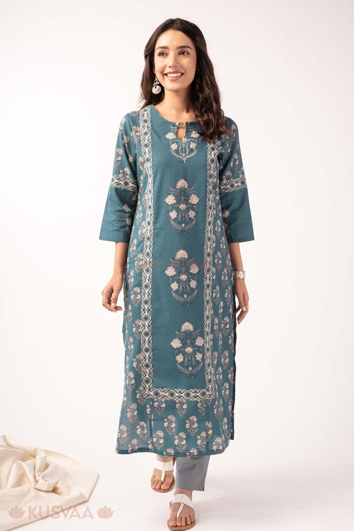 Image for Kusvaa Wkr374 Eshika Handblock Cotton Straight Fit Kurta Front