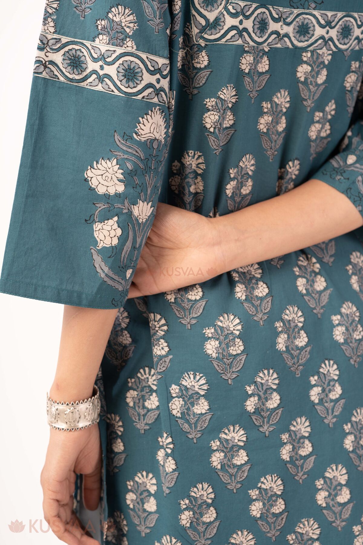 Image for Kusvaa Wkr374 Eshika Handblock Cotton Straight Fit Kurta Sleeve