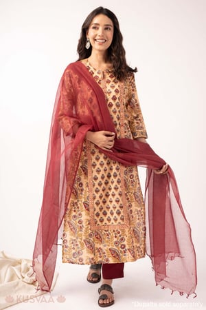 Image for Kusvaa Wkr375 Chhavi Handblock Cotton Straight Fit Kurta Dupatta