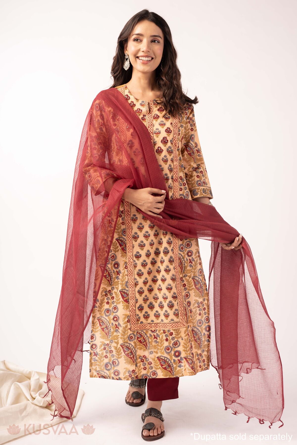 Image for Kusvaa Wkr375 Chhavi Handblock Cotton Straight Fit Kurta Dupatta