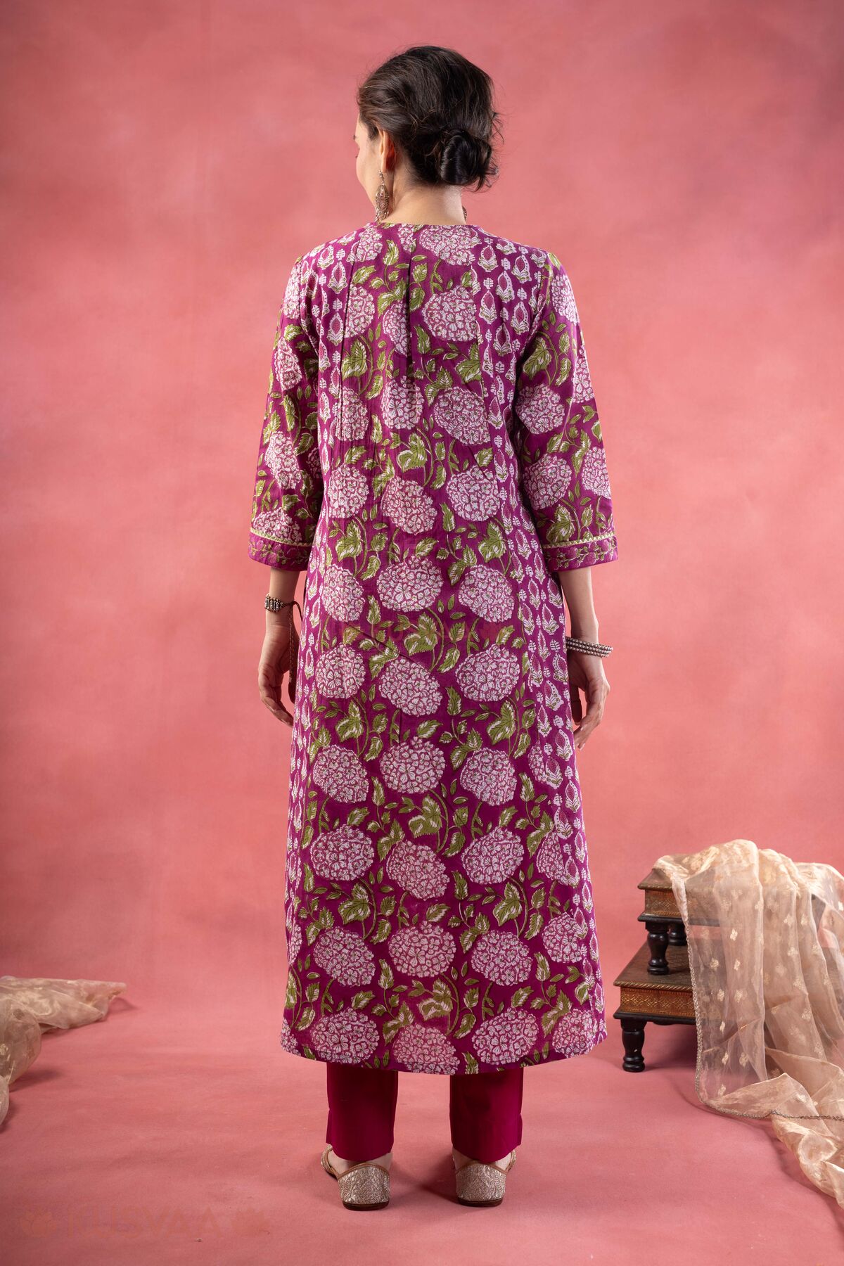 Image for Kusvaa Wkr380 Udaya Handblock Purple A Line Kurta Back