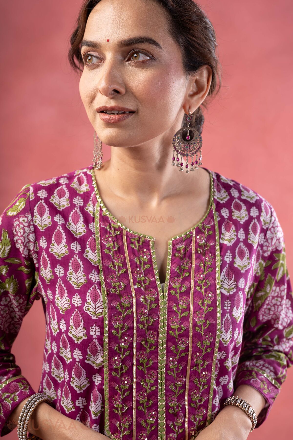 Image for Kusvaa Wkr380 Udaya Handblock Purple A Line Kurta Closeup
