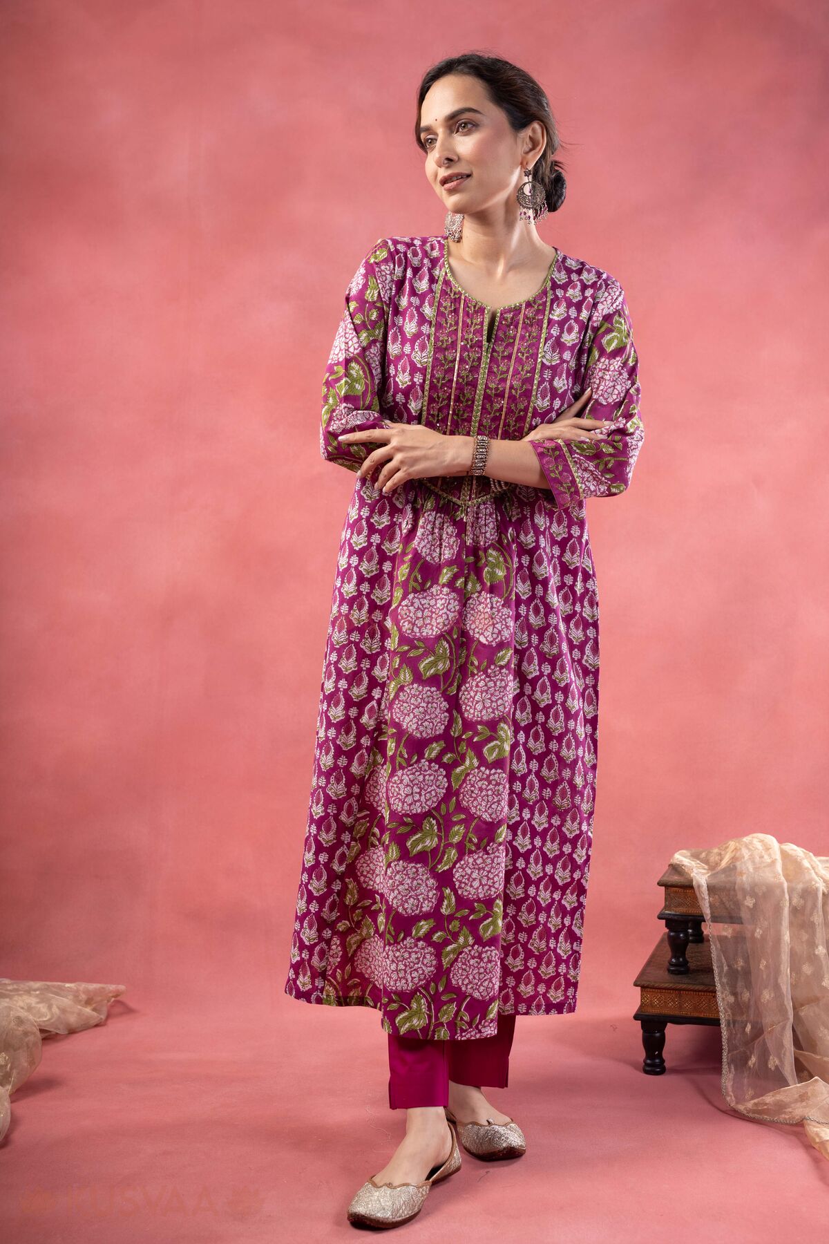 Image for Kusvaa Wkr380 Udaya Handblock Purple A Line Kurta Front