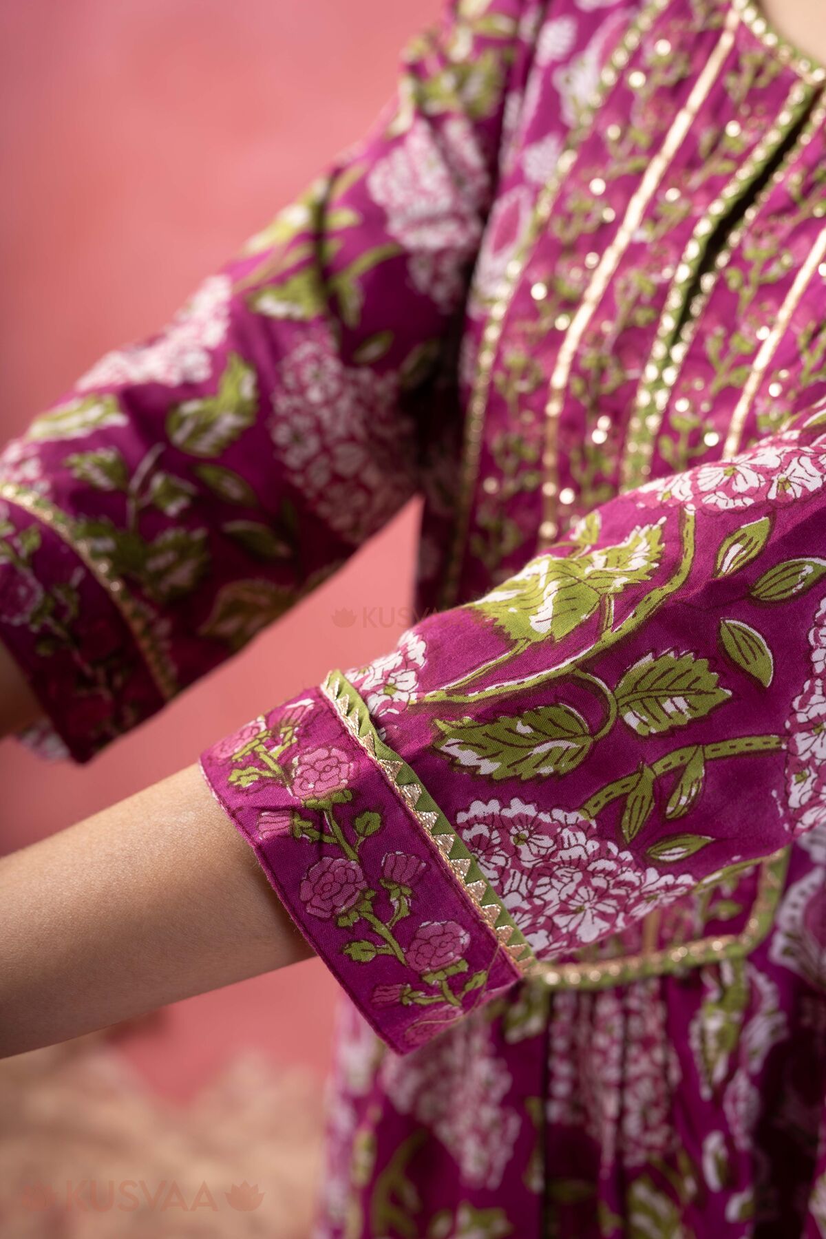 Image for Kusvaa Wkr380 Udaya Handblock Purple A Line Kurta Sleeve