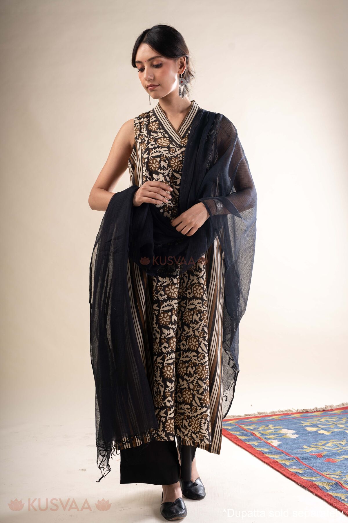 Image for Kusvaa Wkr384 Kashika Cotton Black A Line Kurta Dupatta
