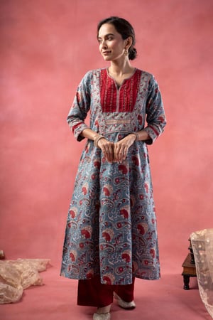 Image for Kusvaa Wkr385 Arohi Handblock Cotton Straight Fit Kurta Style