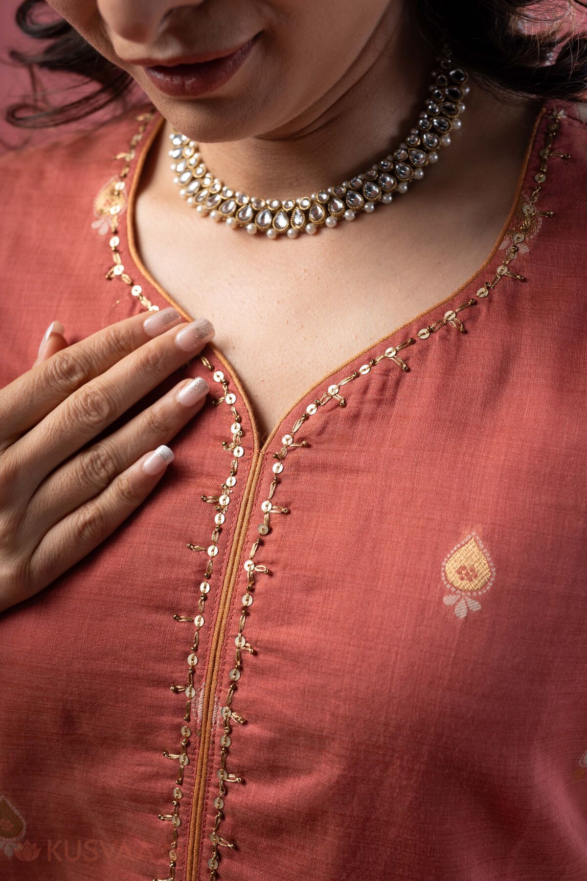 Image for Kusvaa Wkr388 Kajal Cahnderi Handwork Kurta Nack