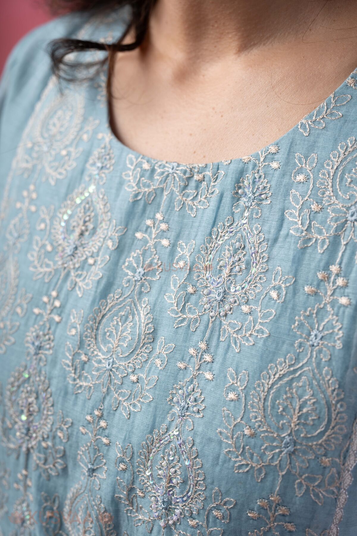 Image for Kusvaa Wkr396 Jiya Chanderi Silk Blue Kurta Nack