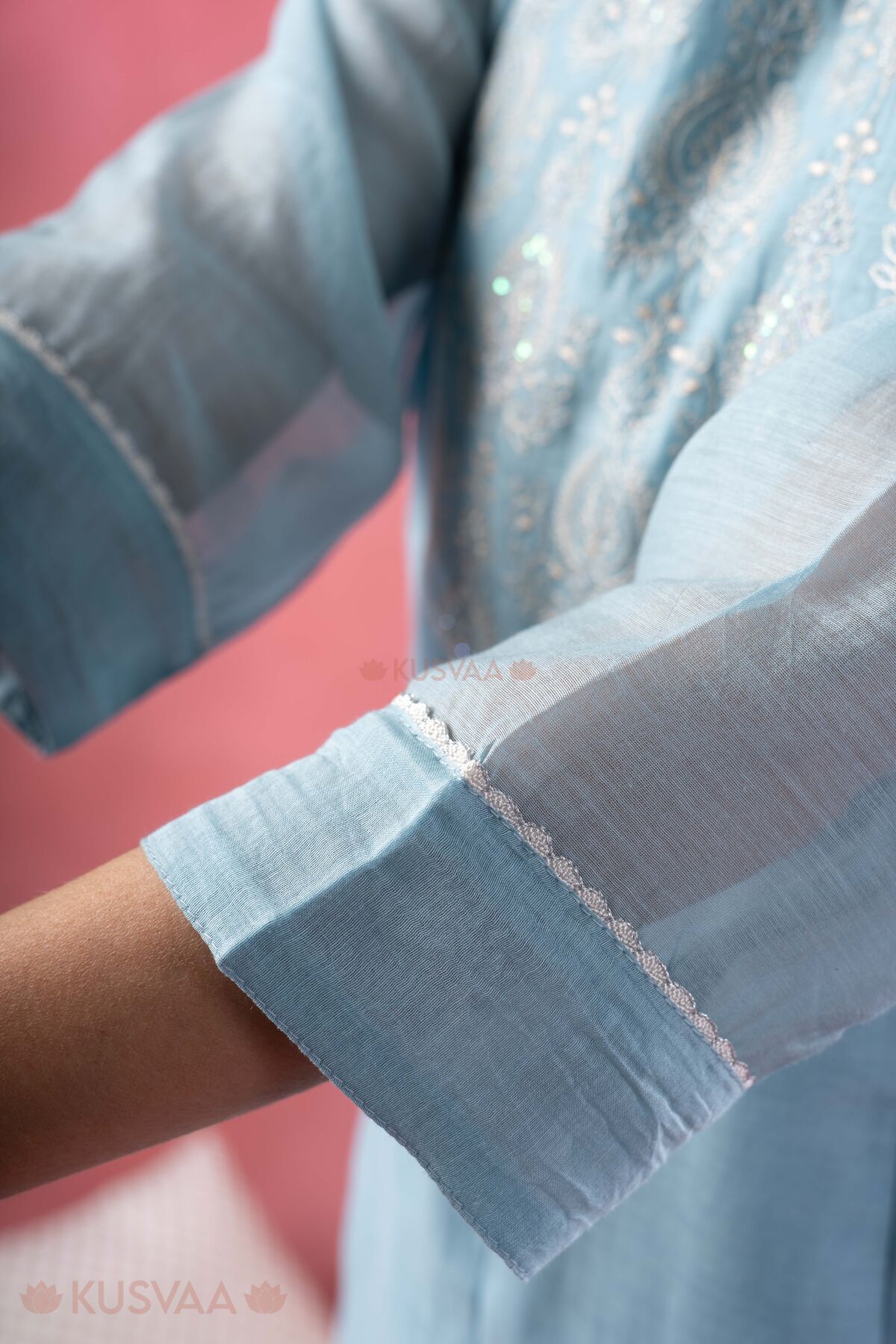Image for Kusvaa Wkr396 Jiya Chanderi Silk Blue Kurta Sleeve