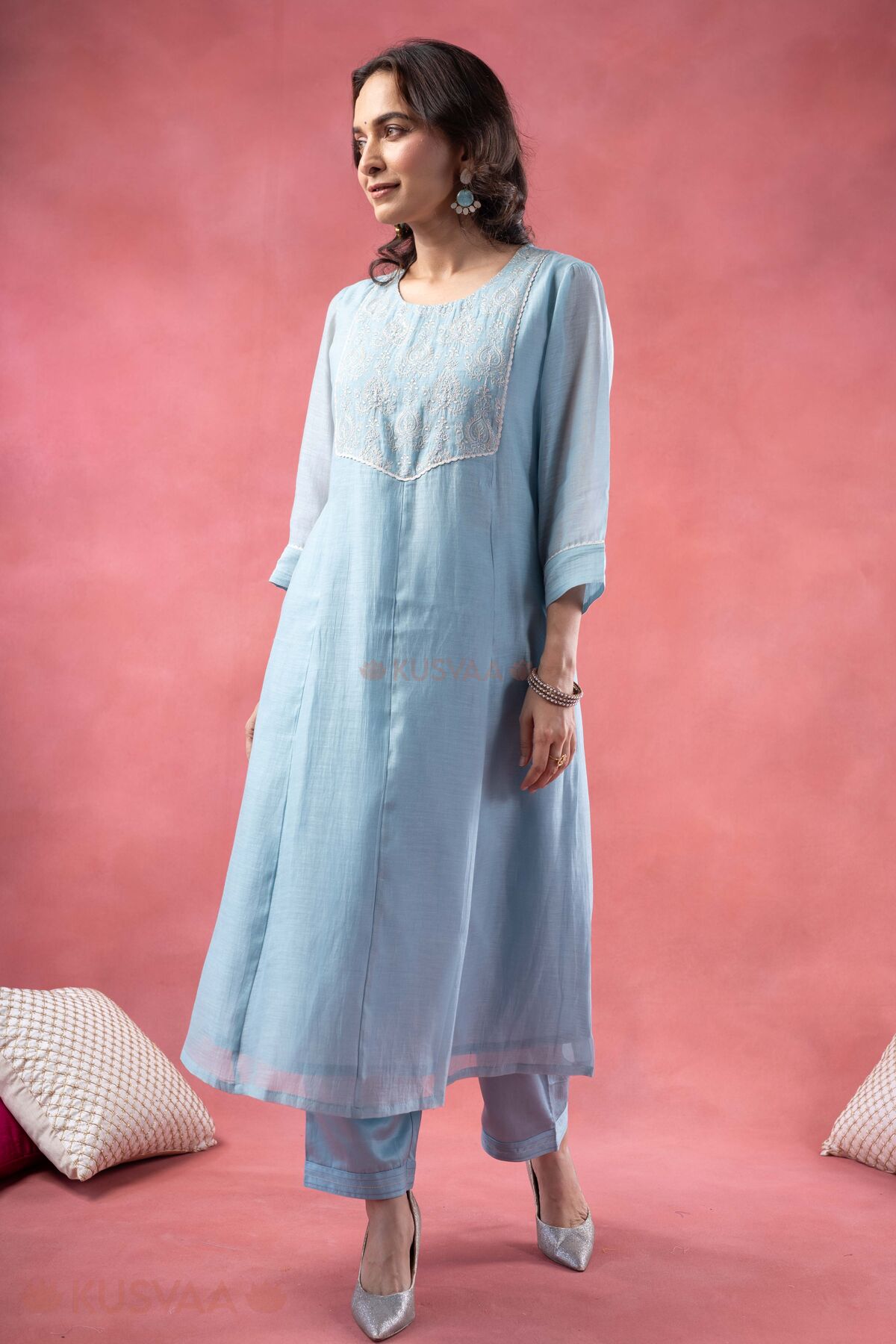 Image for Kusvaa Wkr396 Jiya Chanderi Silk Blue Kurta Walking