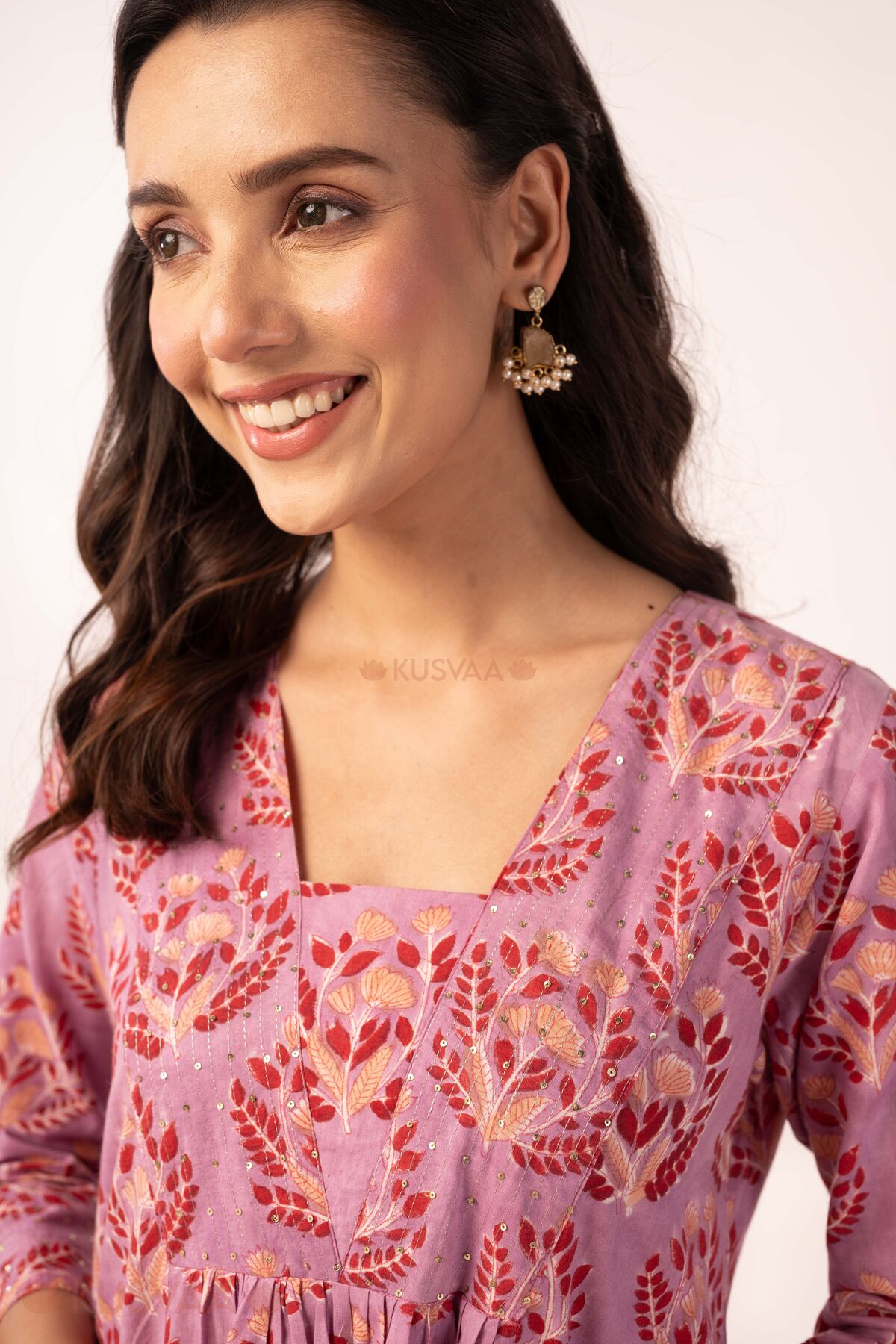 Image for Kusvaa Wkr402 Janvi Handblock A Line Kurta Closeup