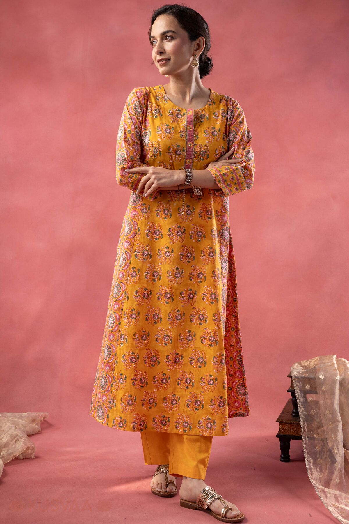 Image for Kusvaa Wkr404 Durga Handblock A Line Kurta Dront