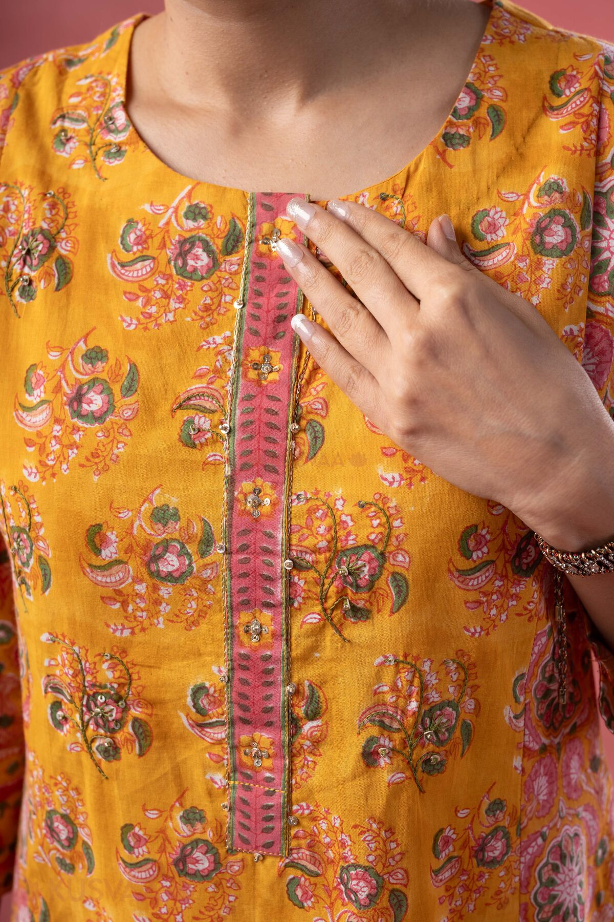 Image for Kusvaa Wkr404 Durga Handblock A Line Kurta Nack