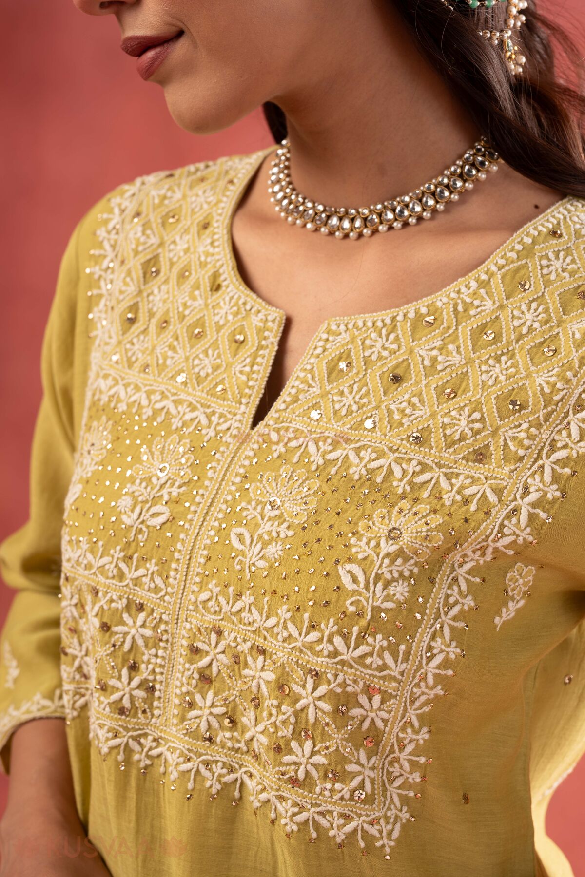 Image for Kusvaa Wkr409 Kavita Chanderi Chikankari Kurta Nack