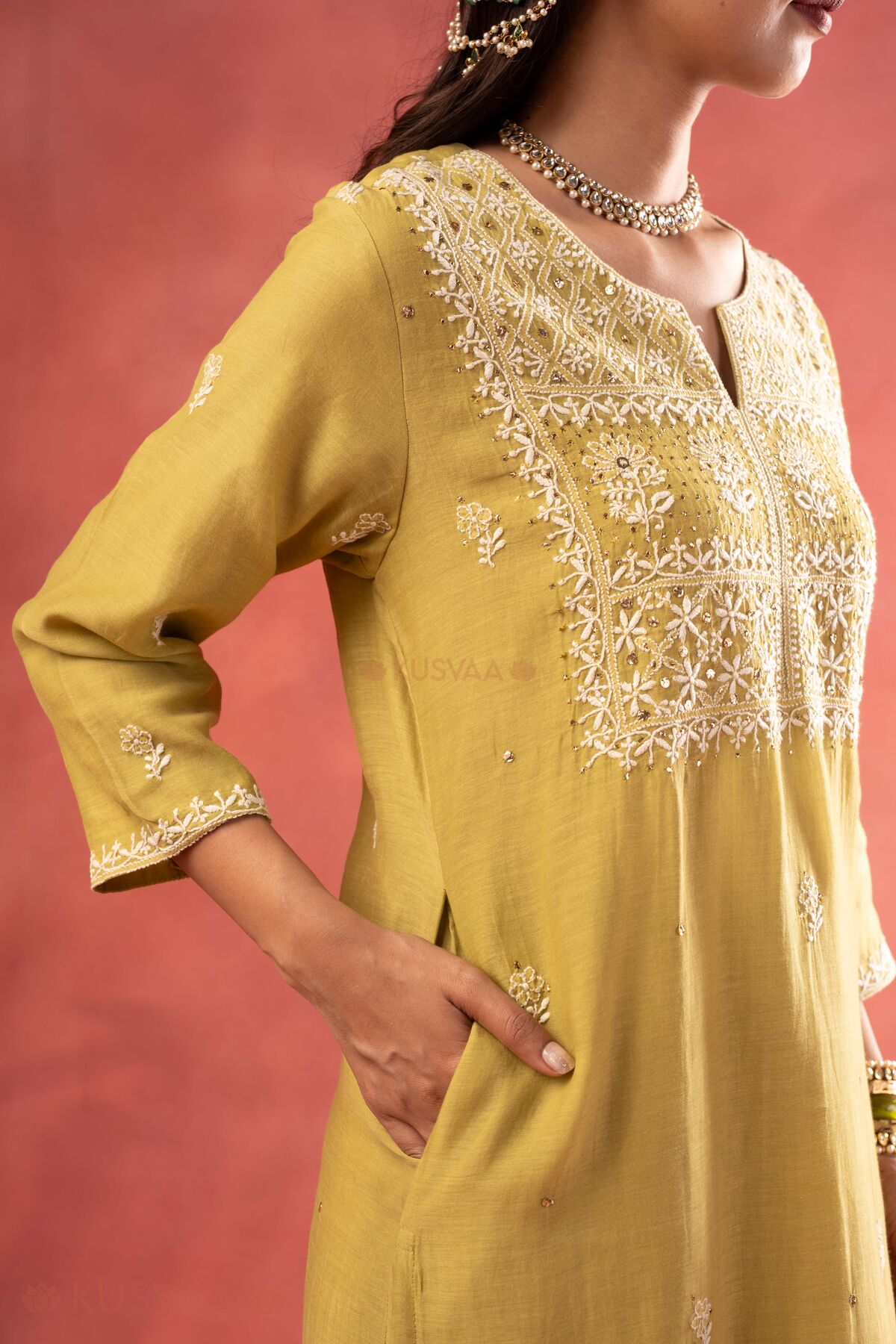 Image for Kusvaa Wkr409 Kavita Chanderi Chikankari Kurta Pocket