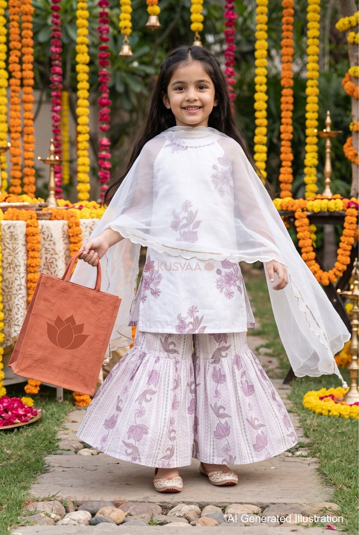Image for Kusvaa Grw144 Vishakha Girls Cotton Kurta Sharara Dupatta Set Ai