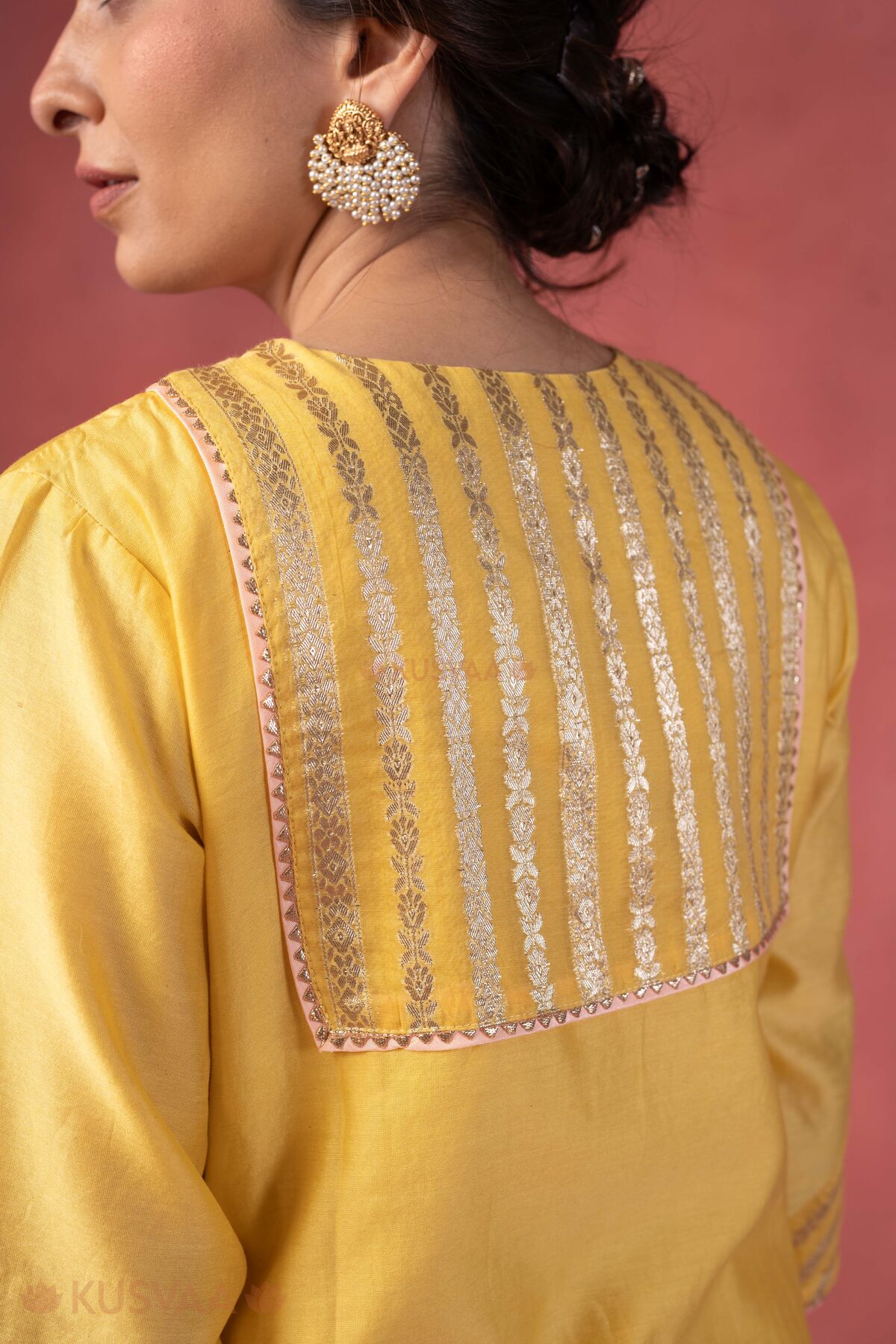 Image for Kusvaa Wkr411 Kaveri Chanderi Yellow Kurta Backclose