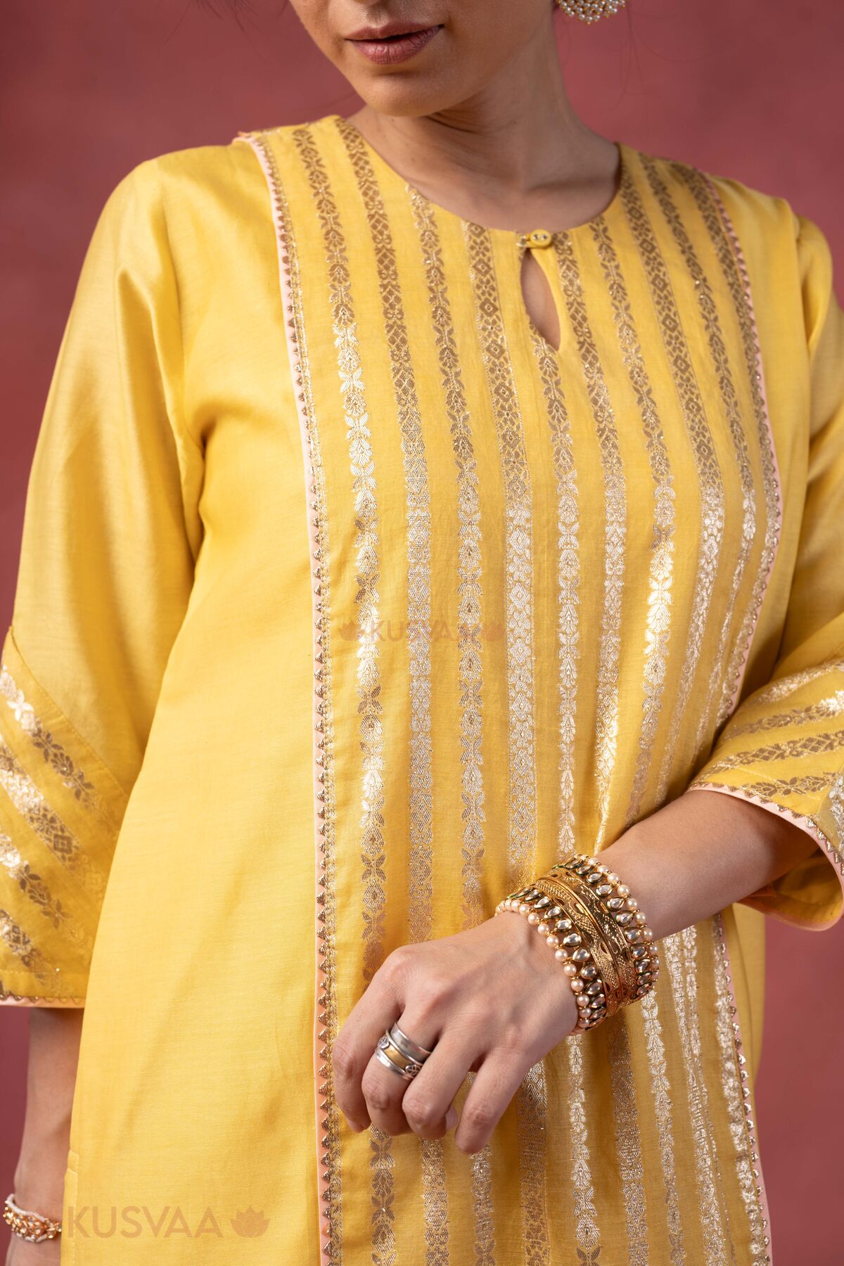 Image for Kusvaa Wkr411 Kaveri Chanderi Yellow Kurta Detailing