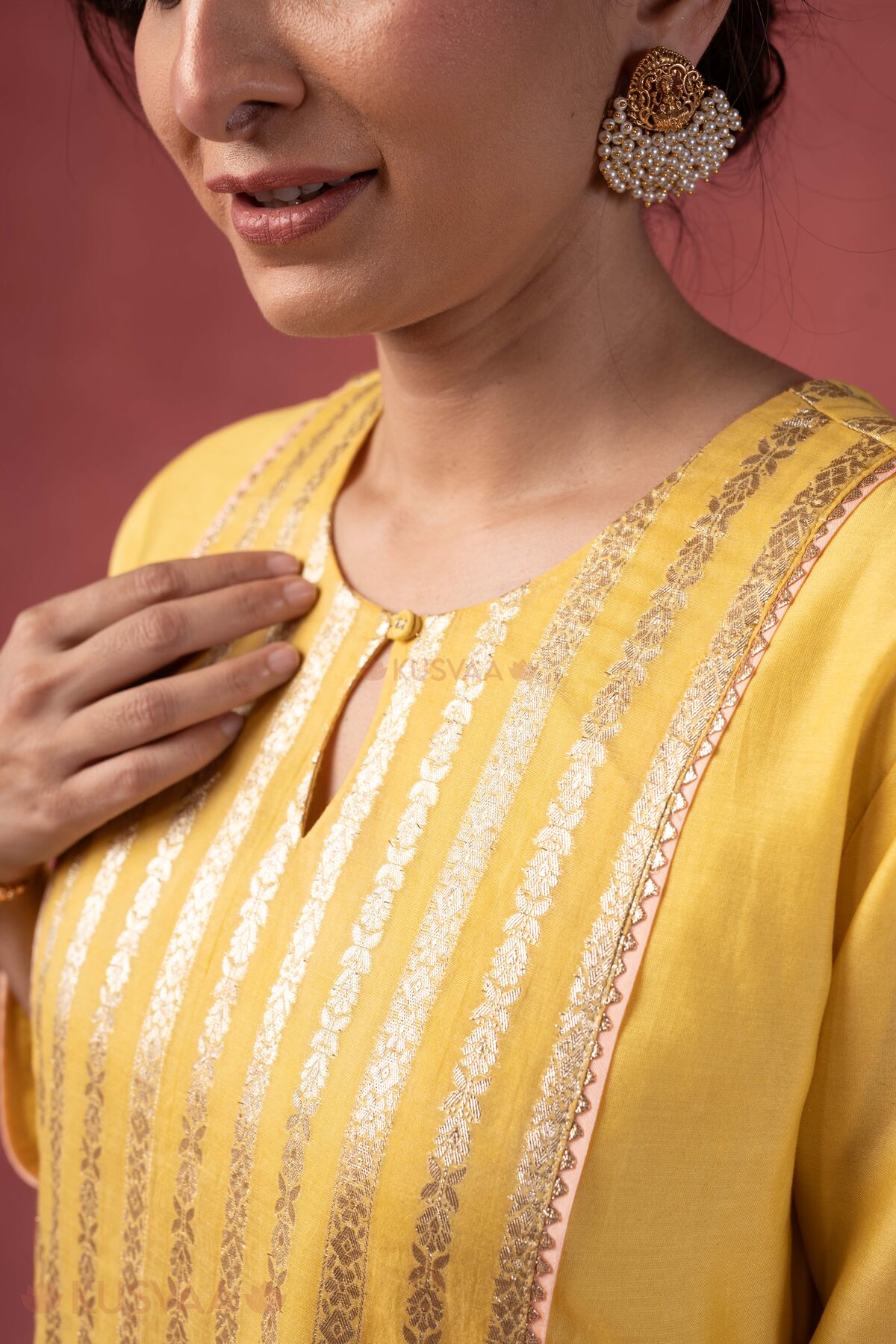 Image for Kusvaa Wkr411 Kaveri Chanderi Yellow Kurta Nack