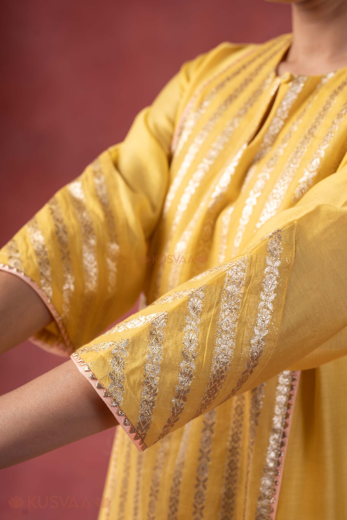 Image for Kusvaa Wkr411 Kaveri Chanderi Yellow Kurta Sleeve