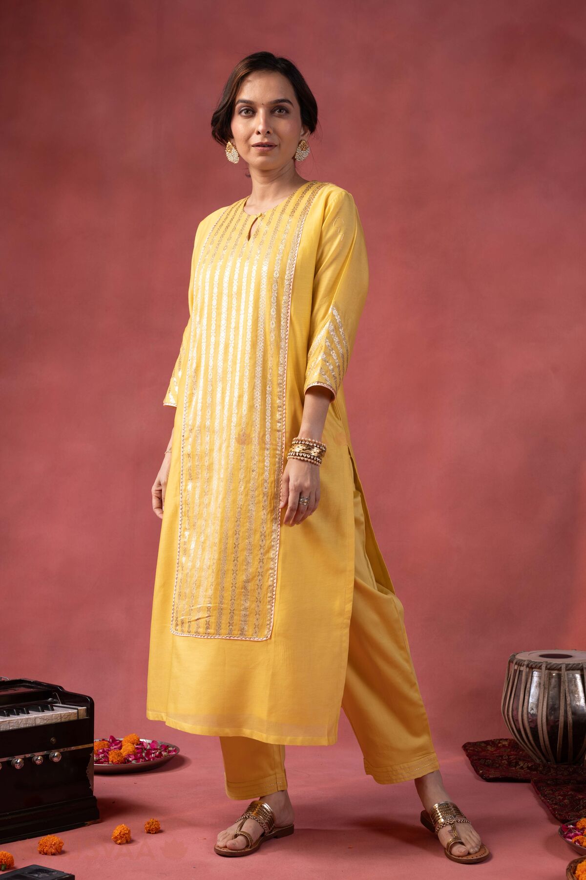 Image for Kusvaa Wkr411 Kaveri Chanderi Yellow Kurta Walking