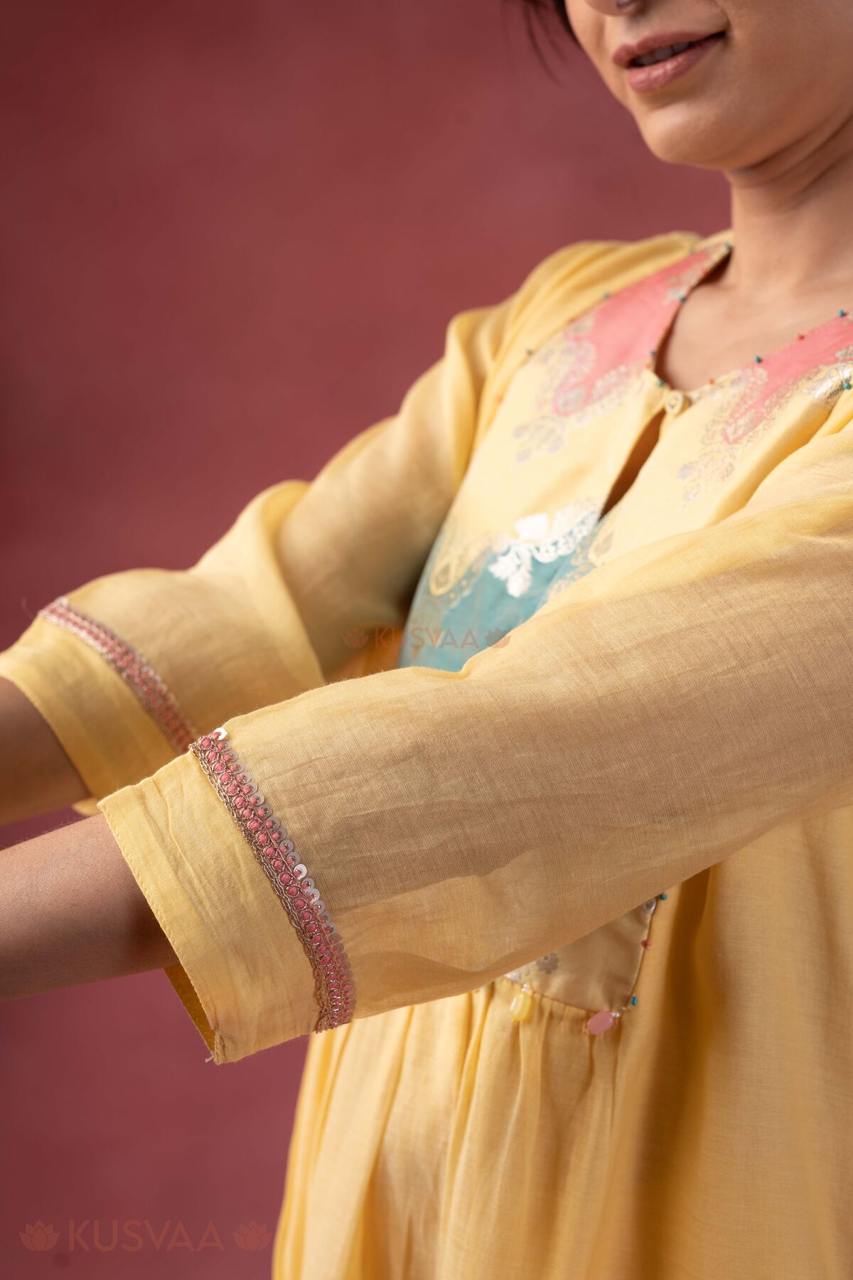 Image for Kusvaa Wkr412 Kriti Chanderi Semi A Line Kurta Sleeve