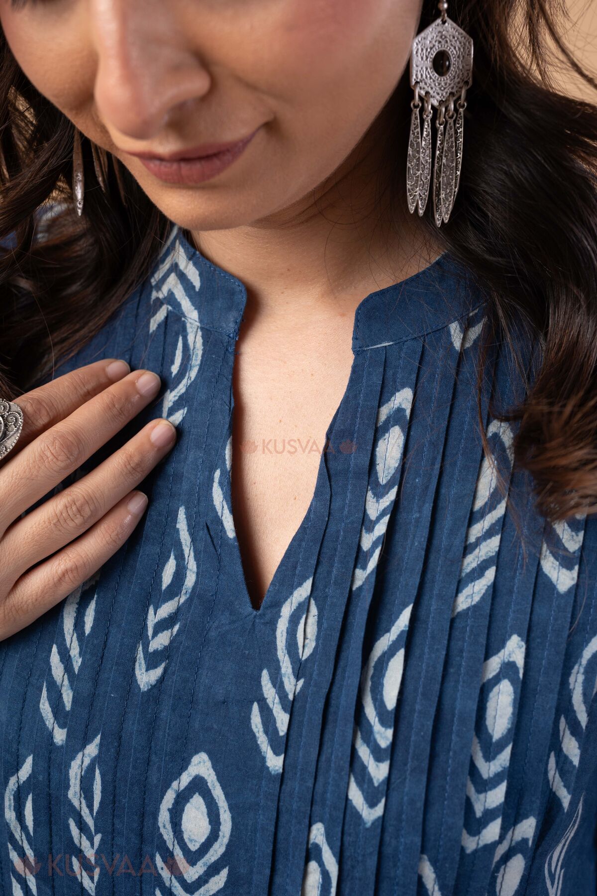Image for Kusvaa Wkr416 Deepti Handblock Cotton Kurta Nack