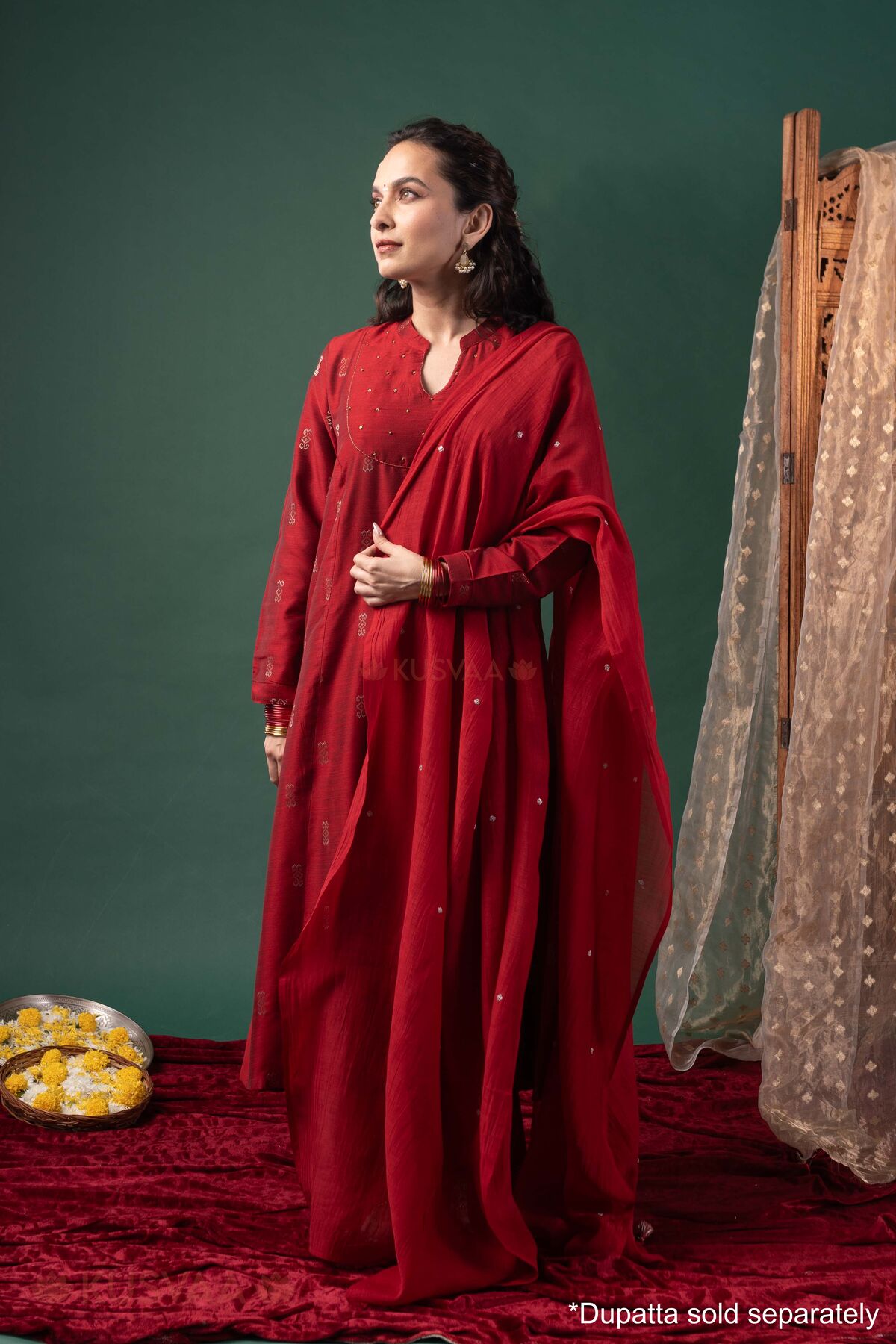 Image for Kusvaa Cood174 Chetana Silk A Line Kurta Pant Set Dupatta