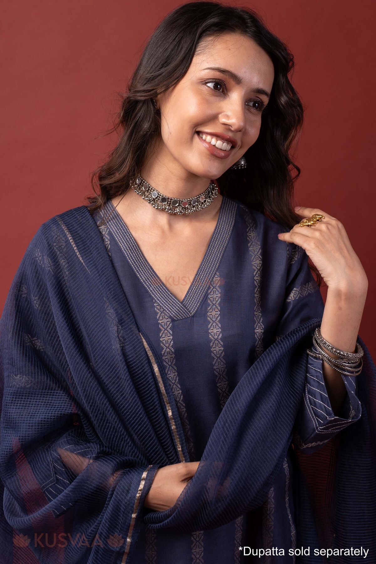 Image for Kusvaa Cood178 Maanvi Silk Blue Kurta Pant Set Closeup