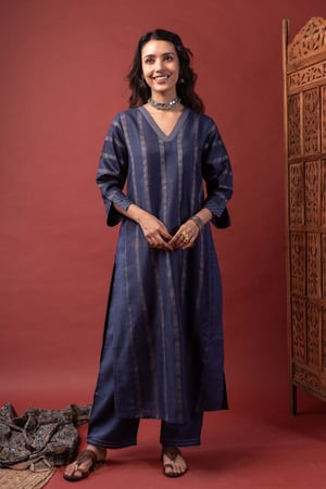 Image for Kusvaa Cood178 Maanvi Silk Blue Kurta Pant Set Front