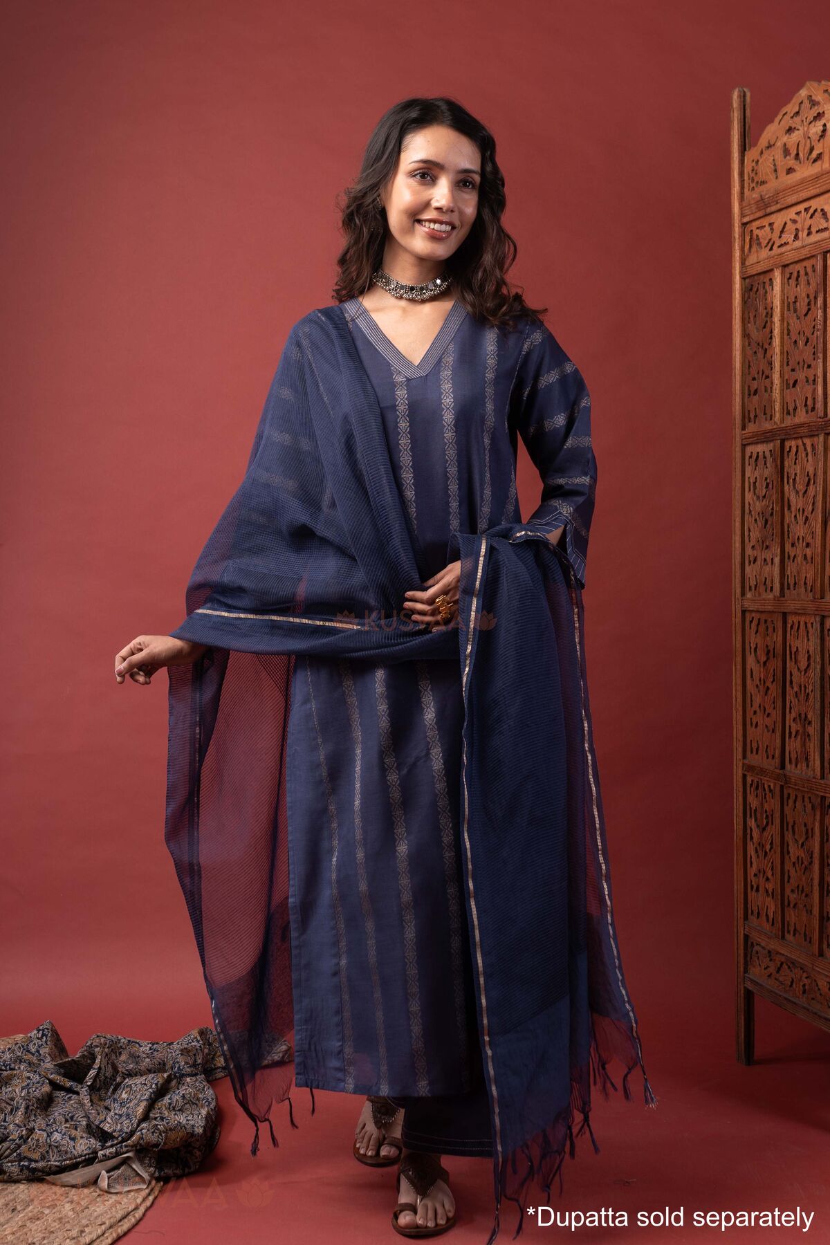Image for Kusvaa Cood178 Maanvi Silk Blue Kurta Pant Set Full