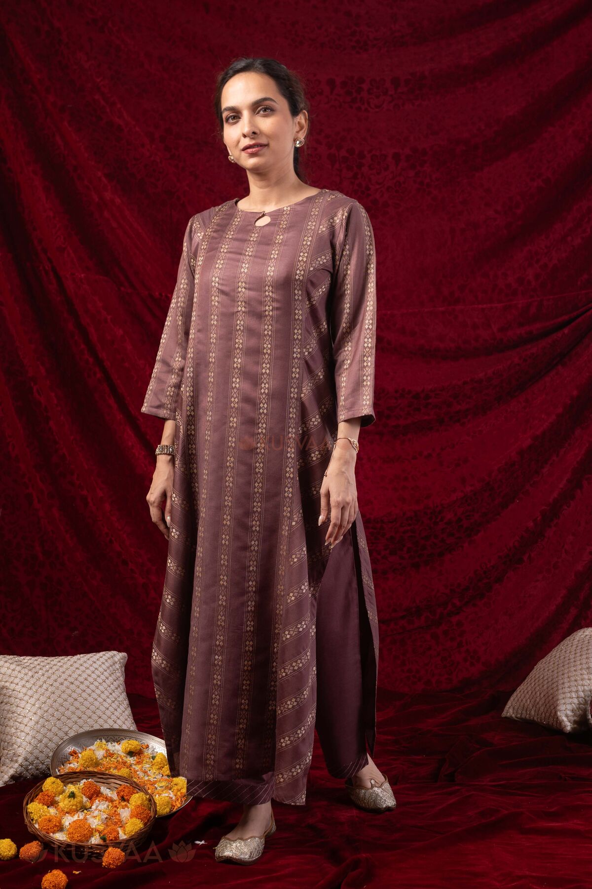 Image for Kusvaa Cood179 Madhuri Silk Purple Kurta Pant Set Style