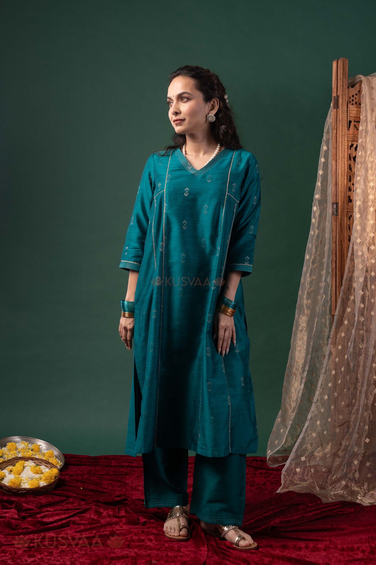 Image for Kusvaa Cood180 Megha Silk Purple Kurta Pant Set Full