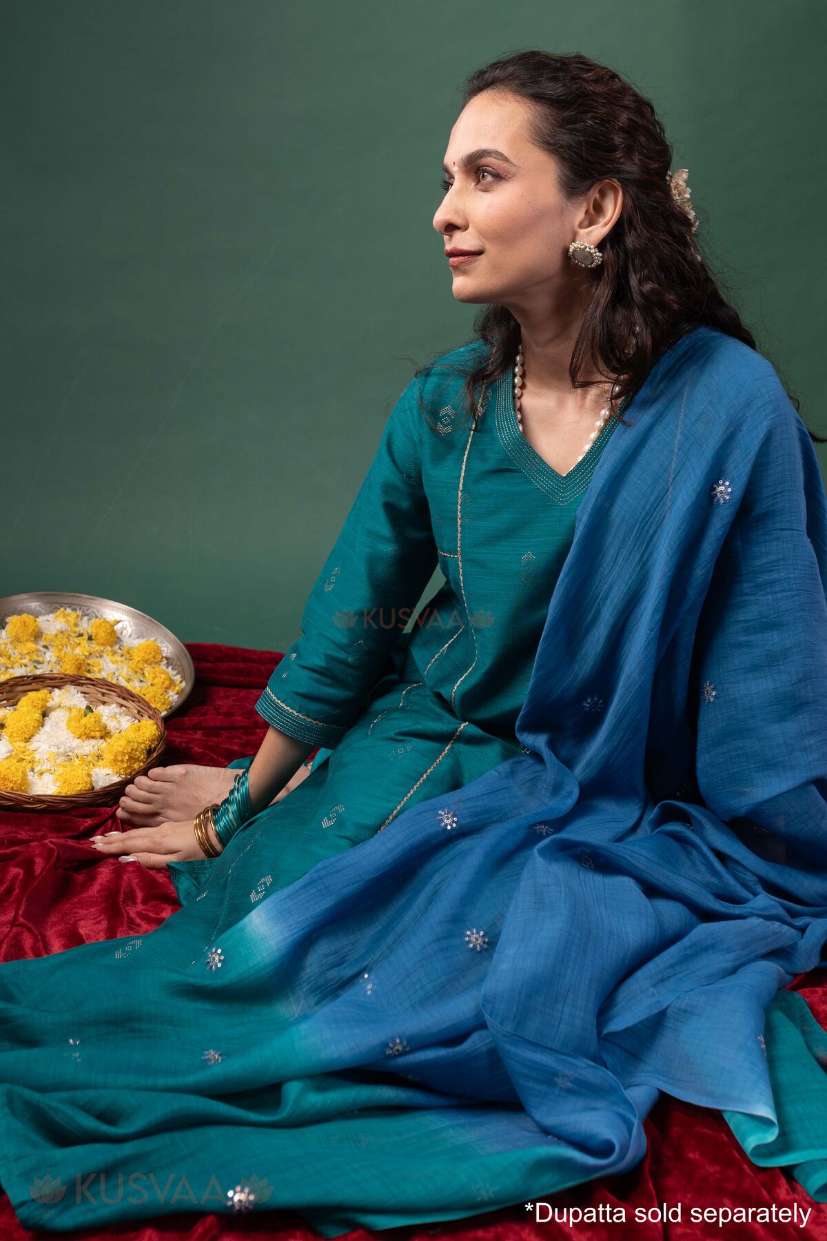 Image for Kusvaa Cood180 Megha Silk Purple Kurta Pant Set Sitting