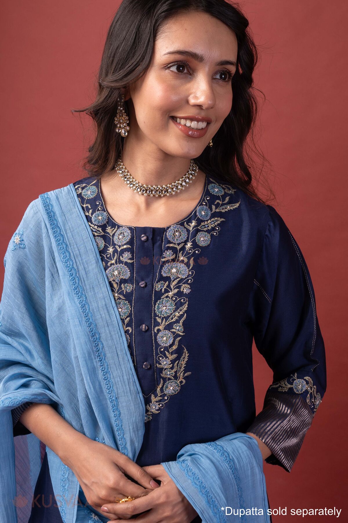Image for Kusvaa Cood185 Nutan Mul Chanderi Kurta Pant Set Closeup