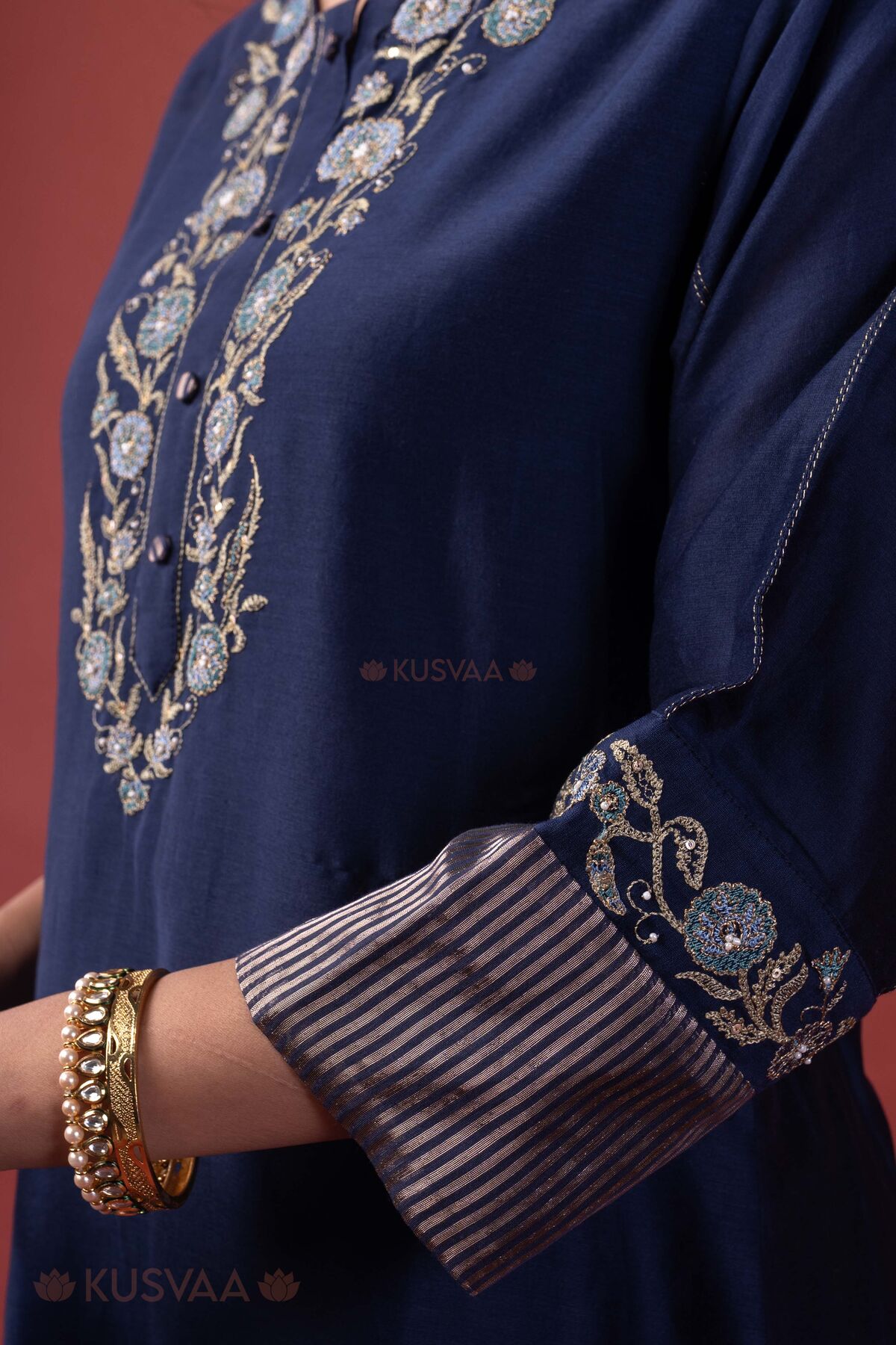 Image for Kusvaa Cood185 Nutan Mul Chanderi Kurta Pant Set Sleeve