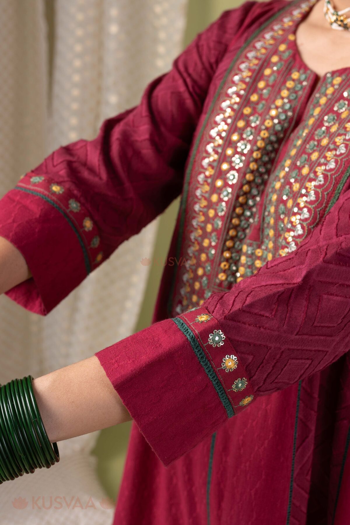 Image for Kusvaa Cood193 Jagrati Cotton Dobby Kurta Pant Set Sleeve
