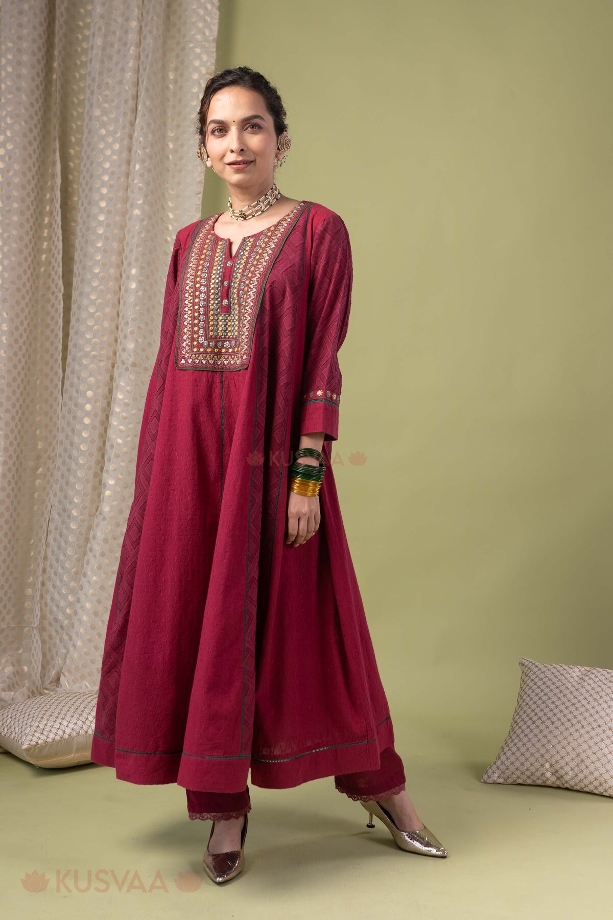 Image for Kusvaa Cood193 Jagrati Cotton Dobby Kurta Pant Set Stylish