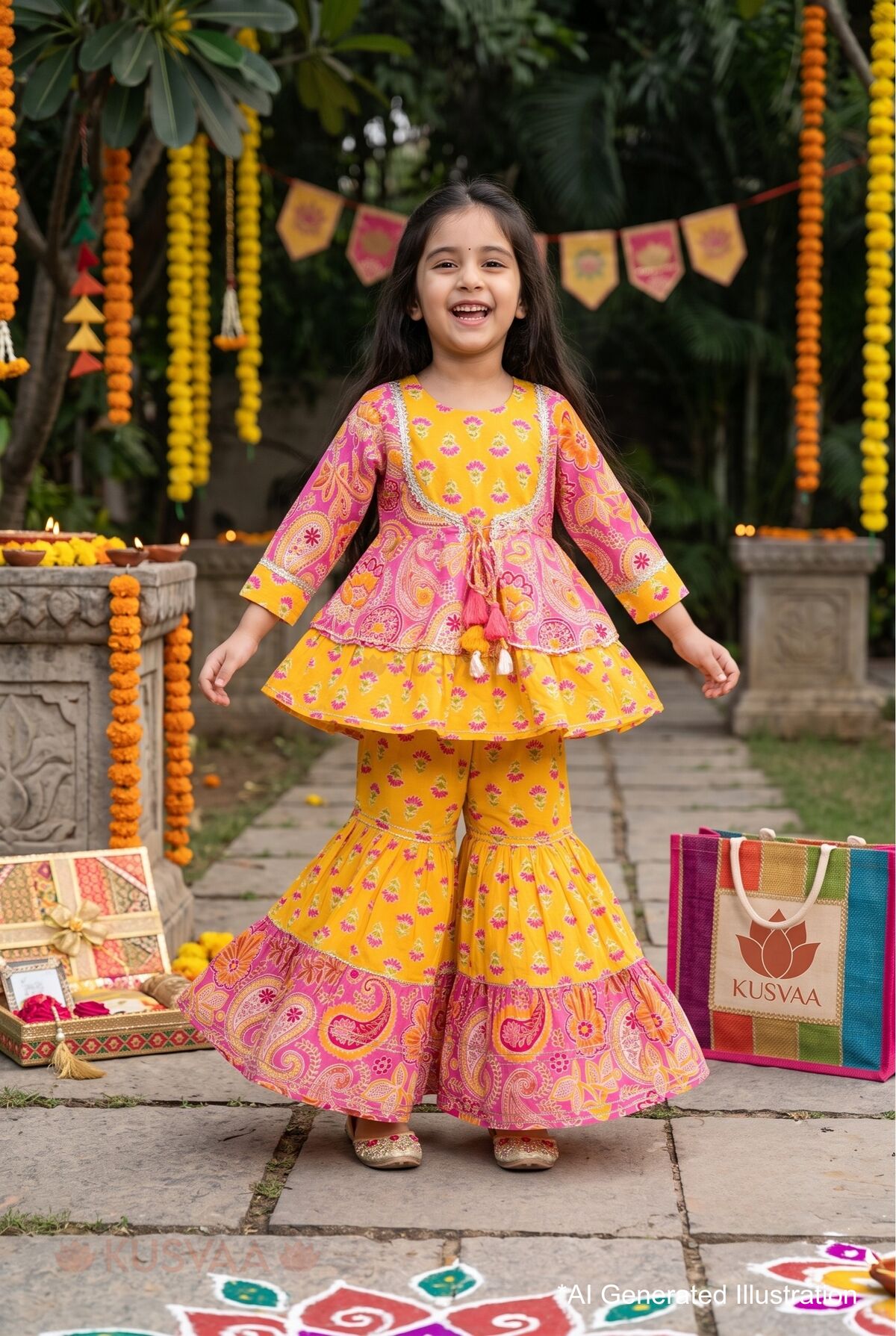 Image for Kusvaa Grw166 Jeevika Cotton Yellow Sharara Kurta Set Ai