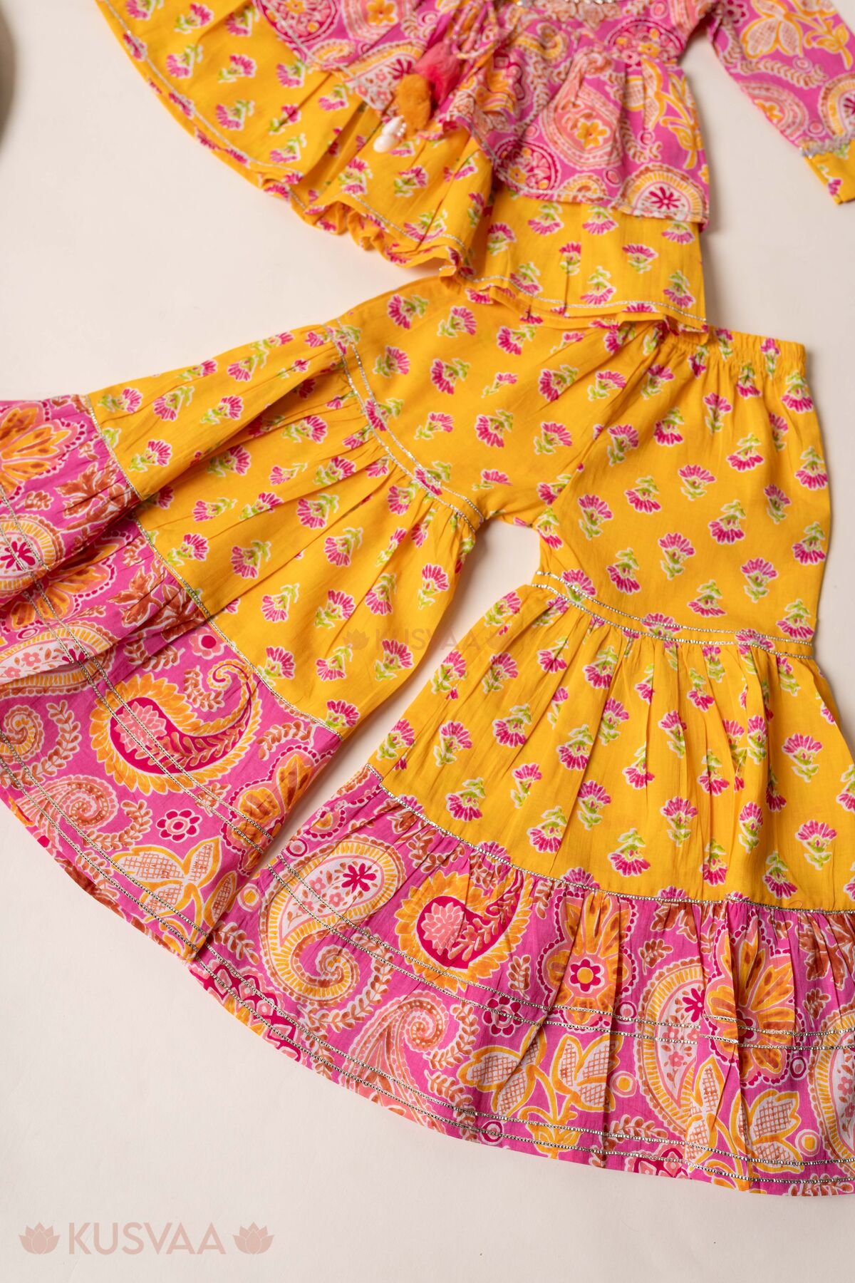 Image for Kusvaa Grw166 Jeevika Cotton Yellow Sharara Kurta Set Bottom