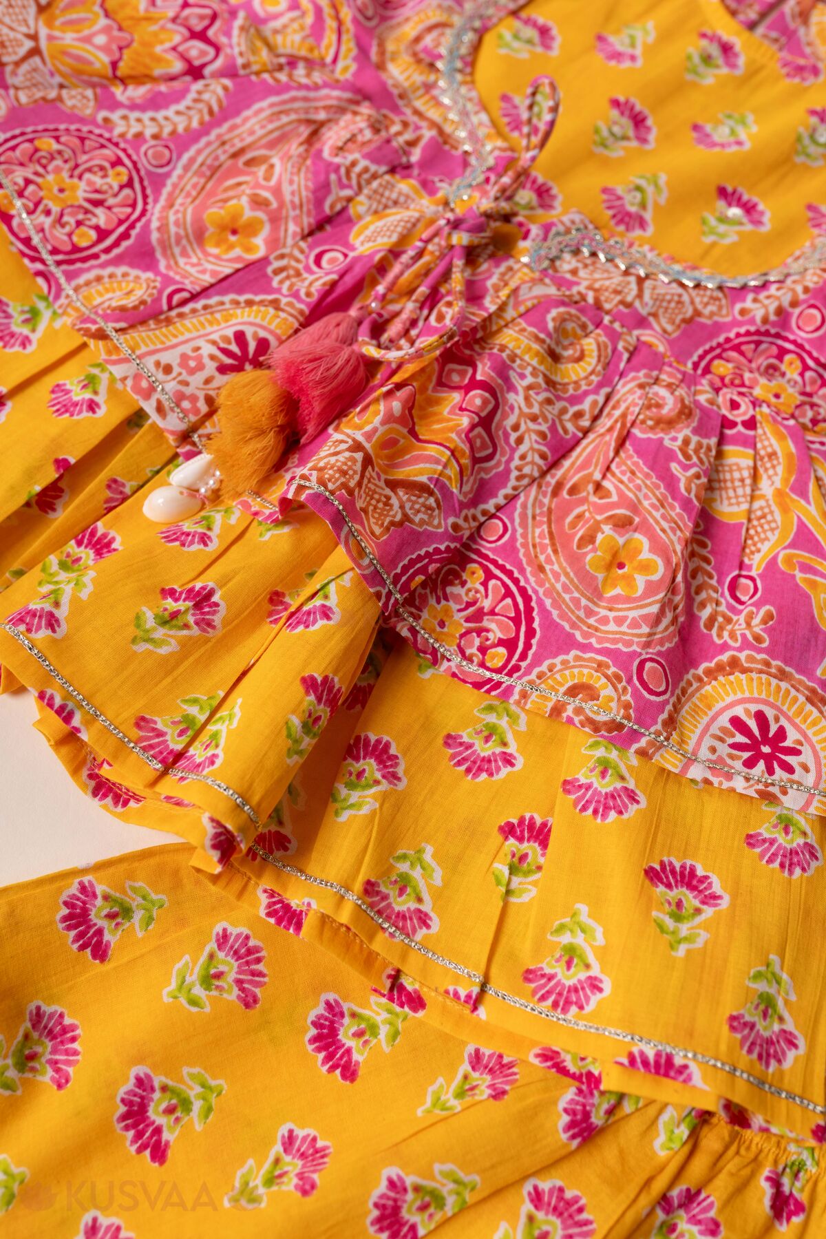 Image for Kusvaa Grw166 Jeevika Cotton Yellow Sharara Kurta Set Detailing