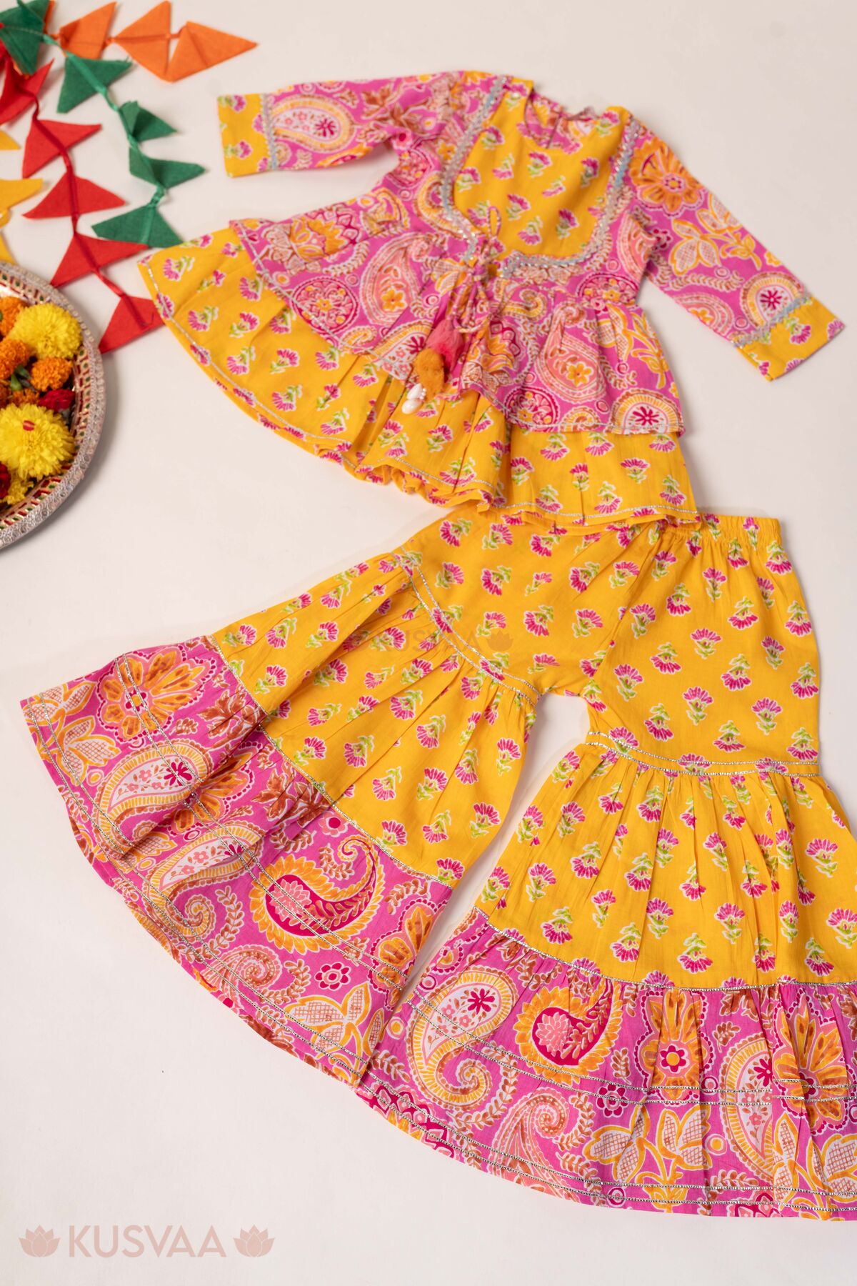 Image for Kusvaa Grw166 Jeevika Cotton Yellow Sharara Kurta Set Full