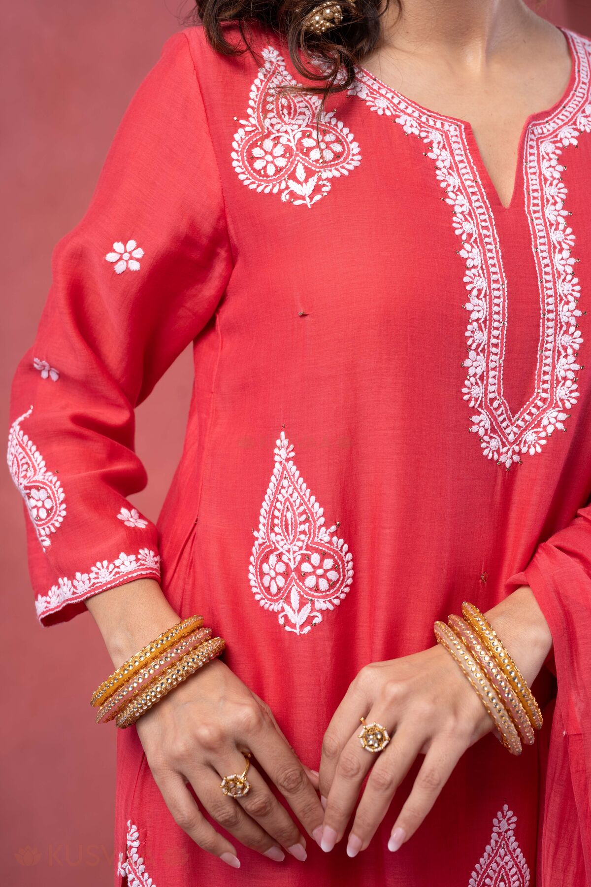 Image for Kusvaa Kds042 Chanchal Chanderi Kurta Dupatta Set Nack