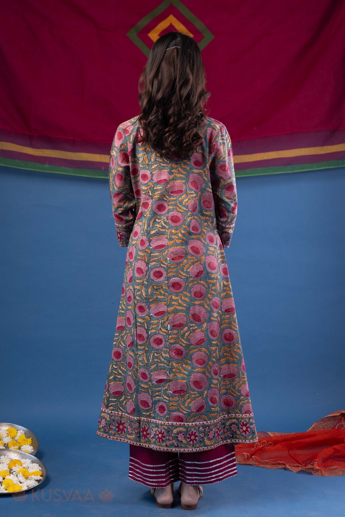Image for Kusvaa Wkr407 Kali Handblock Semi A Line Kurta Back