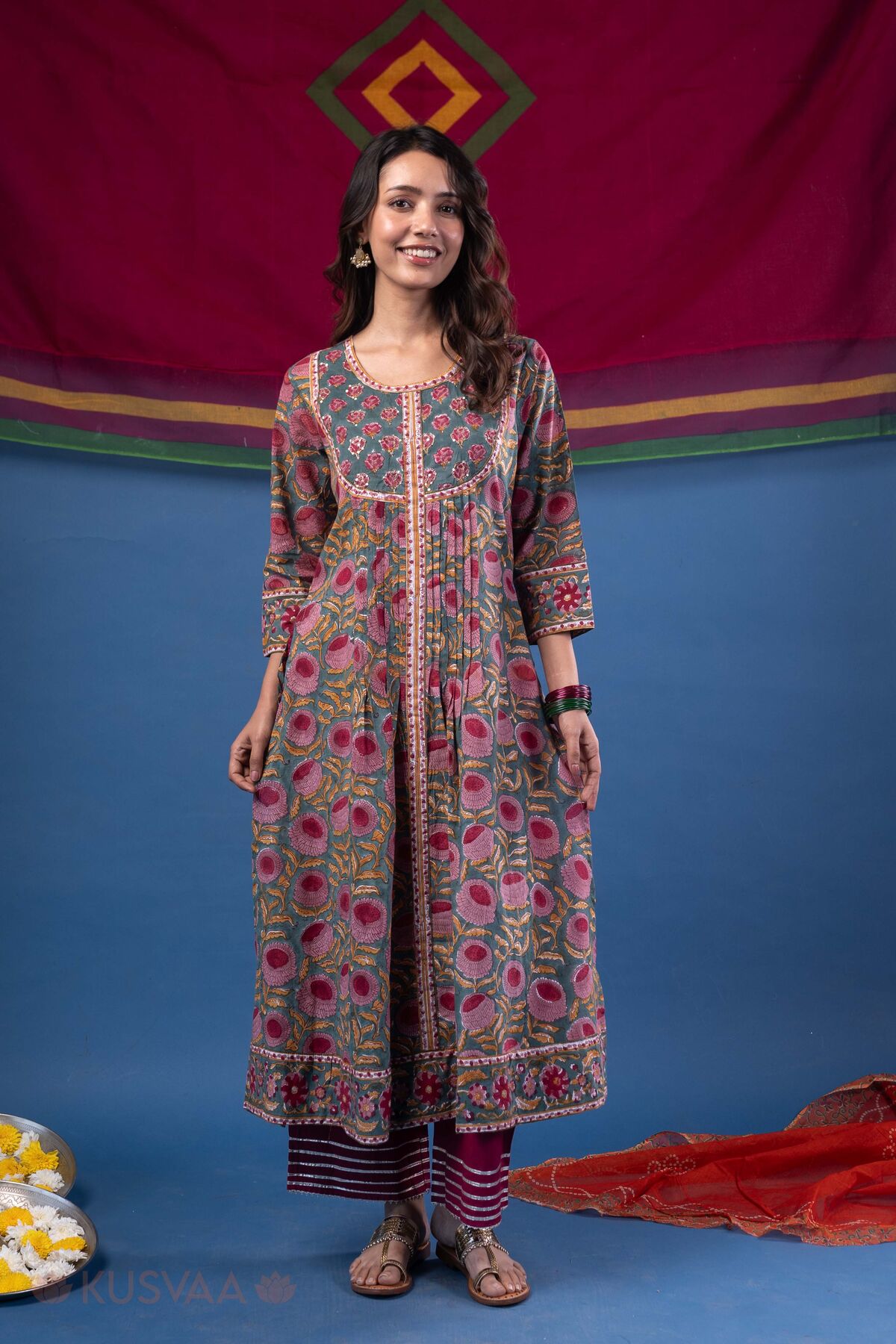 Image for Kusvaa Wkr407 Kali Handblock Semi A Line Kurta Front