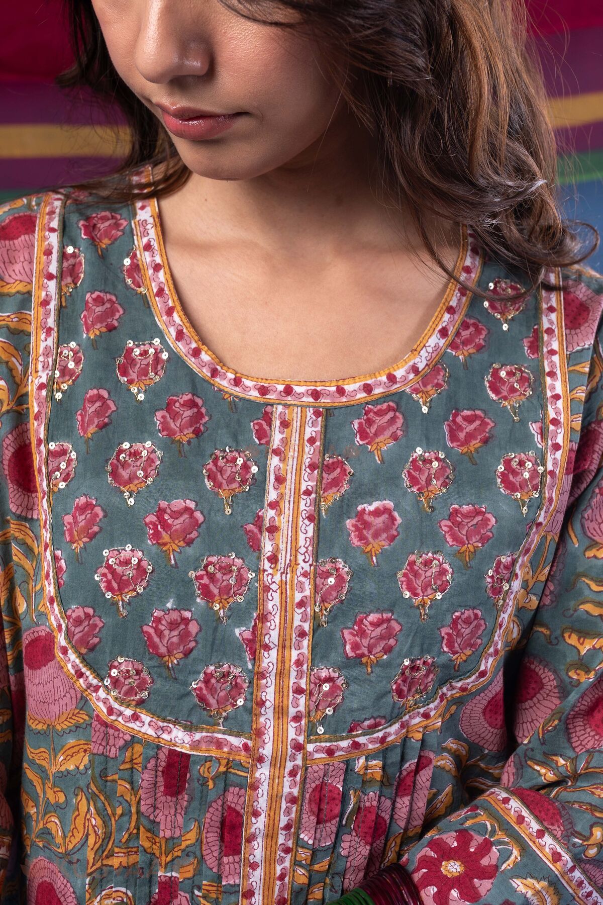 Image for Kusvaa Wkr407 Kali Handblock Semi A Line Kurta Nack