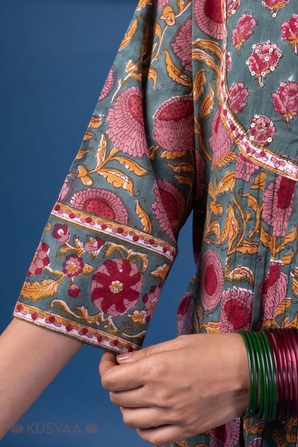 Image for Kusvaa Wkr407 Kali Handblock Semi A Line Kurta Sleeve