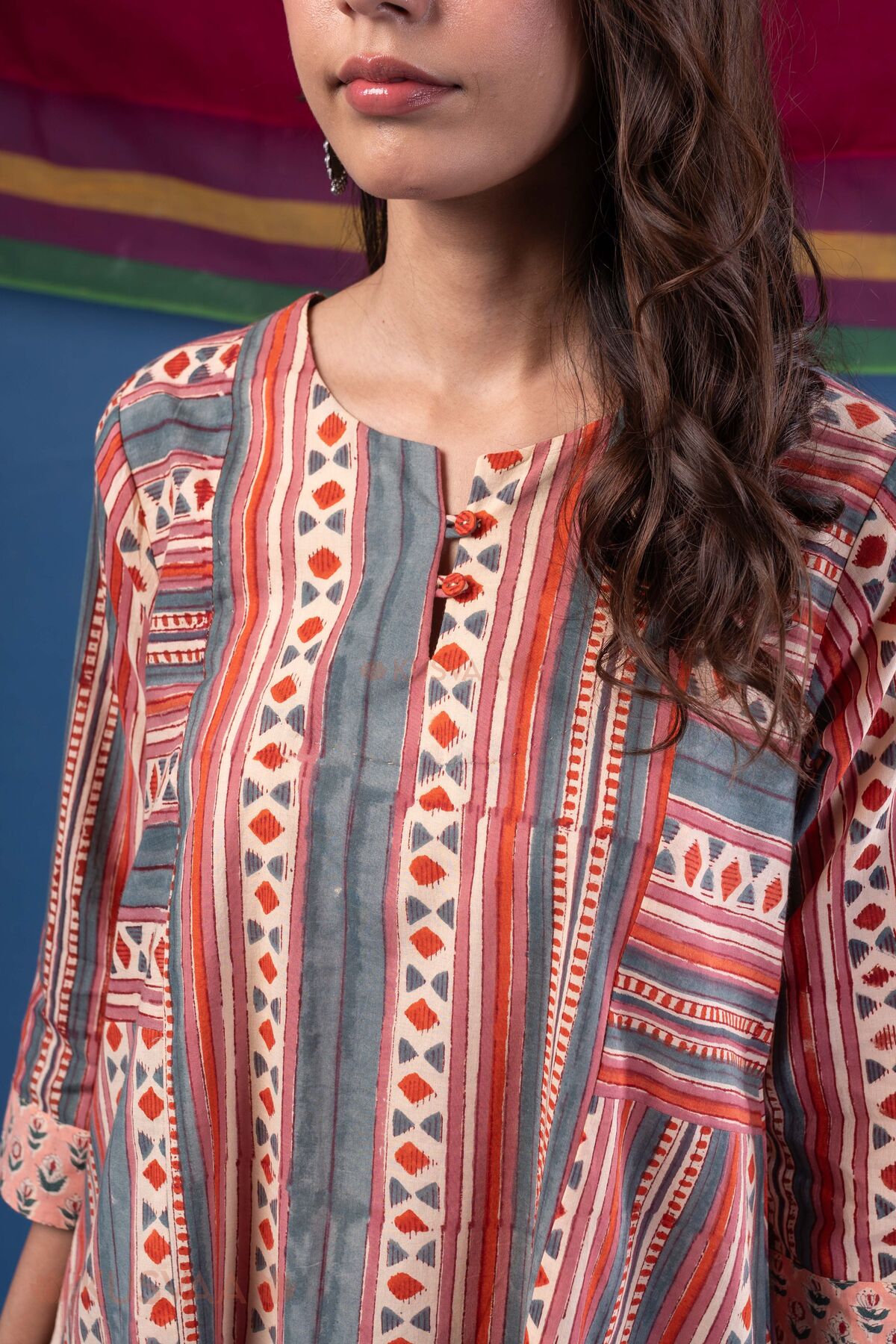 Image for Kusvaa Wkr425 Jivika Handblock A Line Kurta Detailing